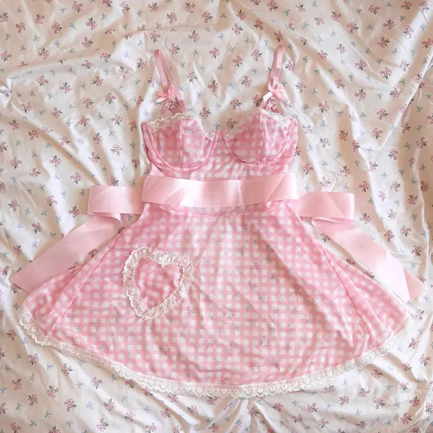 [BUNJANG] Pink Gingham Apron Slip Lingerie with Ribbon and Lace / 핑크 깅엄체크 란제리 에이프런 슬립 속옷 리본 갸루 레이스 언더웨어