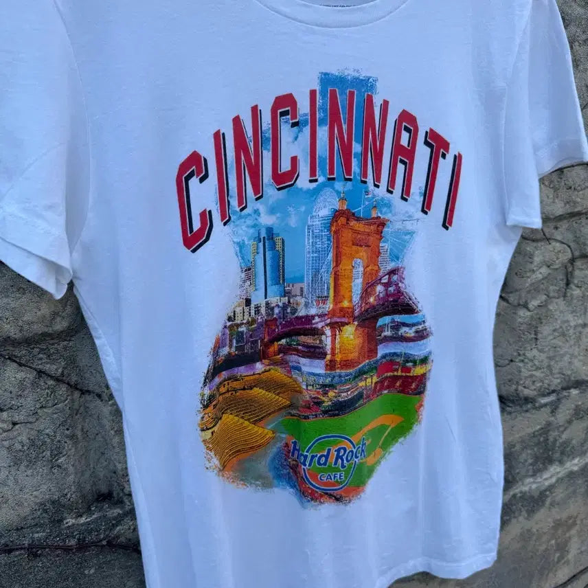 [BUNJANG] Hard Rock Cafe Cincinnati Vintage Print T-Shirt White XL / 하드락카페 빈티지 신시내티 프린팅 반팔 티셔츠 화이트 우먼 xl