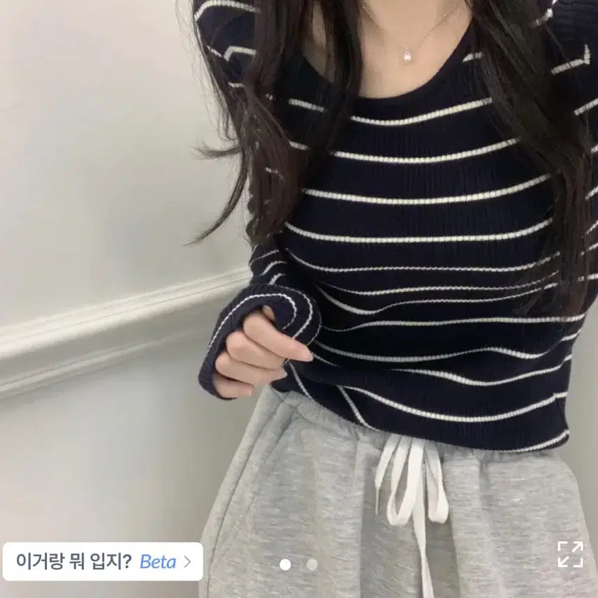 [BUNJANG] Striped Ribbed T-shirt Navy F / 단가라 골지 티 네이비 F