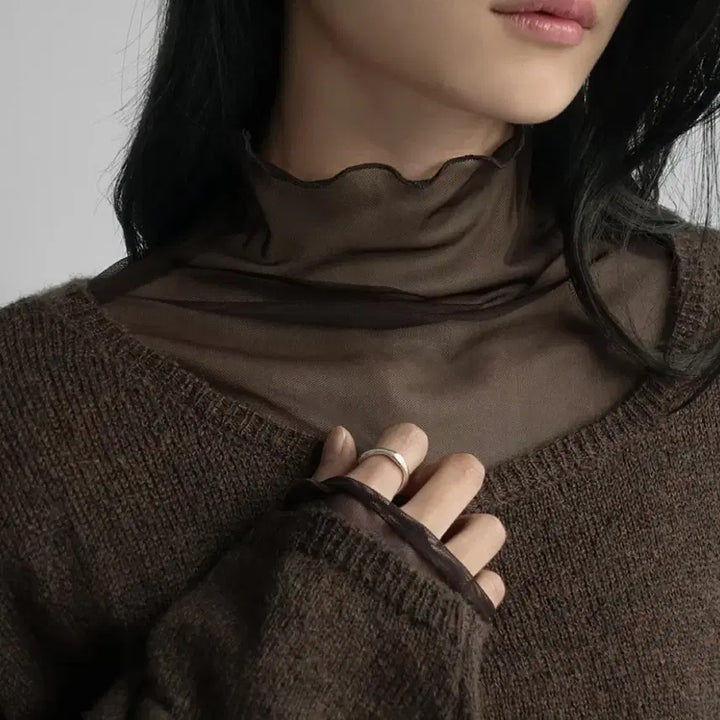 [SOLD OUT] (새상품) 시스루 레이어드 반폴라 티셔츠 브라운