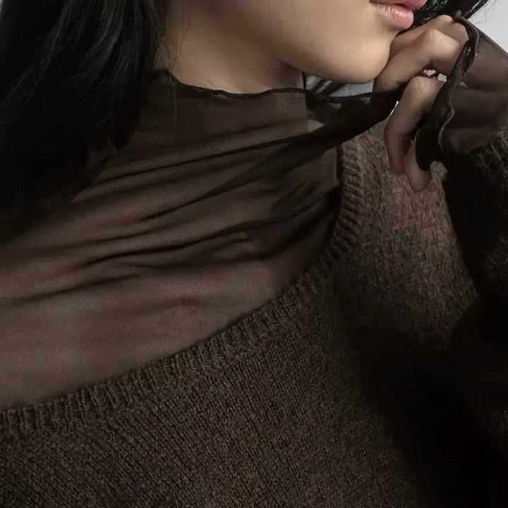 [SOLD OUT] (새상품) 시스루 레이어드 반폴라 티셔츠 브라운