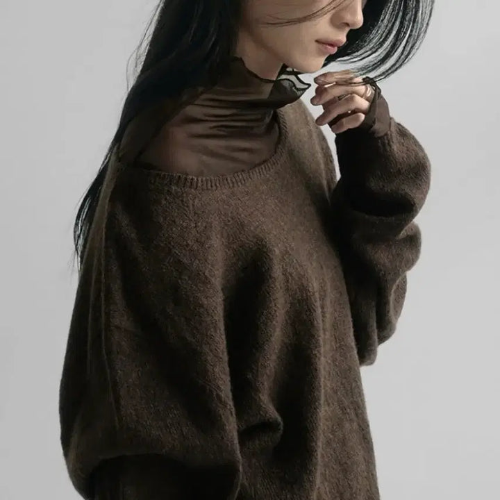 [SOLD OUT] (새상품) 시스루 레이어드 반폴라 티셔츠 브라운