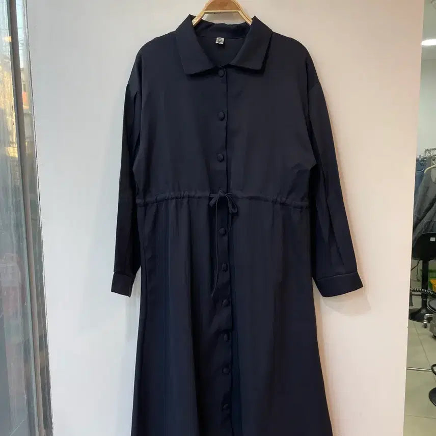 [BUNJANG] Unbranded Navy Long Shirt Dress / 네이비 롱 셔트 원피스 허리스트링