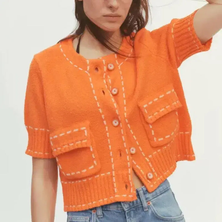 [BUNJANG] Zara Stitch Crop Cardigan Orange / M) 자라 스티치 크롭 가디건 오렌지 새상품
