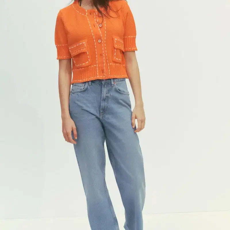 [BUNJANG] Zara Stitch Crop Cardigan Orange / M) 자라 스티치 크롭 가디건 오렌지 새상품