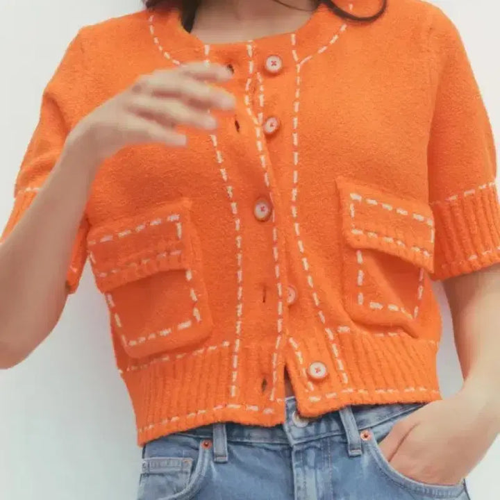 [BUNJANG] Zara Stitch Crop Cardigan Orange / M) 자라 스티치 크롭 가디건 오렌지 새상품