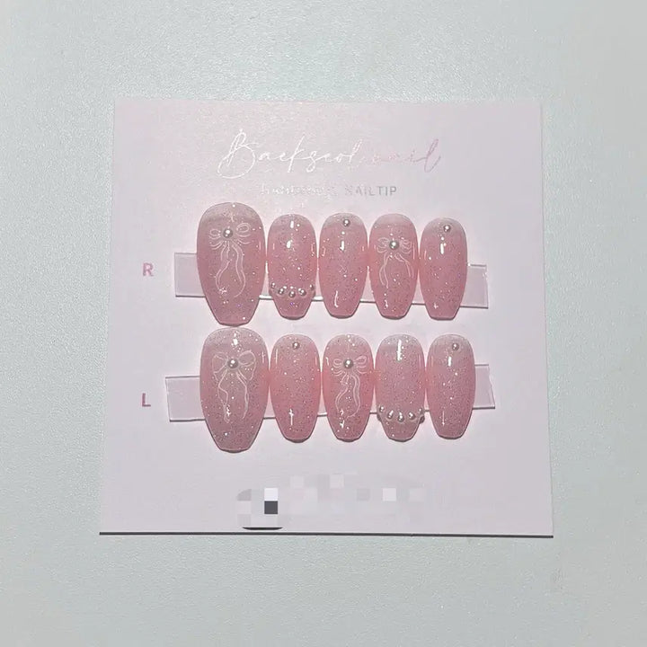 [BUNJANG] Handmade Glitter Pearl Ribbon Nail Tips / 반사글리터 진주리본 수제네일팁