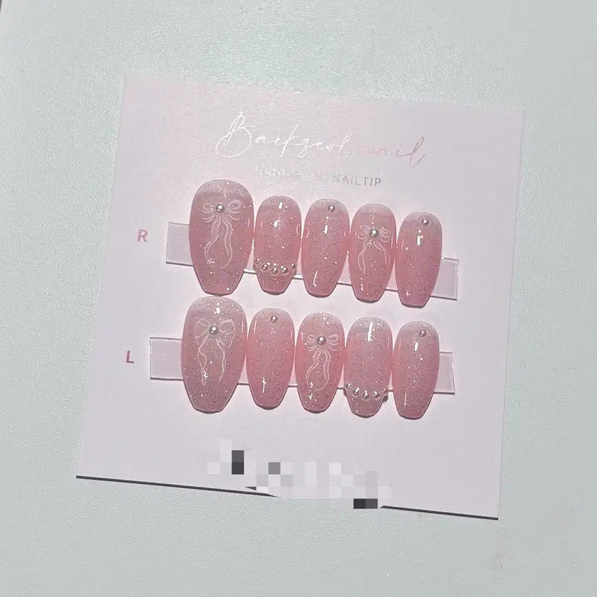 [BUNJANG] Handmade Glitter Pearl Ribbon Nail Tips / 반사글리터 진주리본 수제네일팁