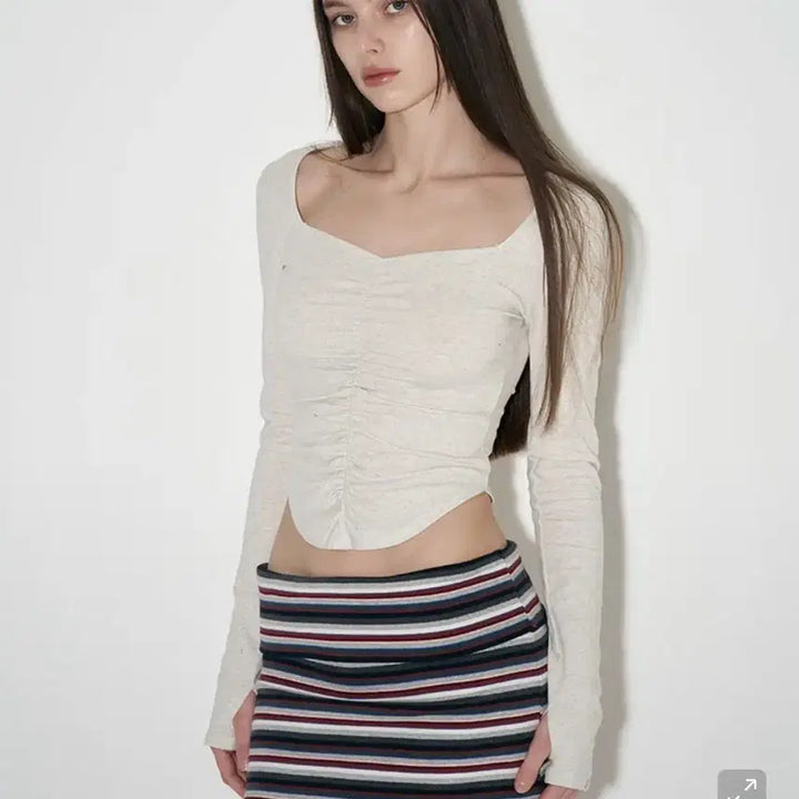 [BUNJANG] Please No Follow Shirring Long Sleeve Top Melange / 플리즈노팔로우 플노팔 달린탑 달린 셔링 롱 슬리브 탑 멜란지