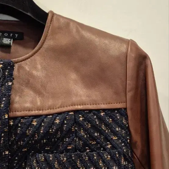 [BUNJANG] Theory Tweed Faux Leather Jacket / 띠어리 트위드 배색 인조가죽 점퍼