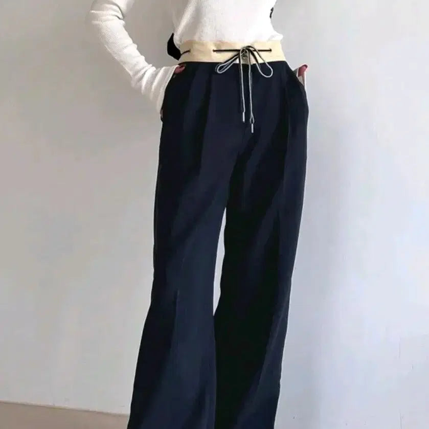[BUNJANG] P25 Navy Wide Pants / P25 배색 허리 스트링 와이드 팬츠 네이비