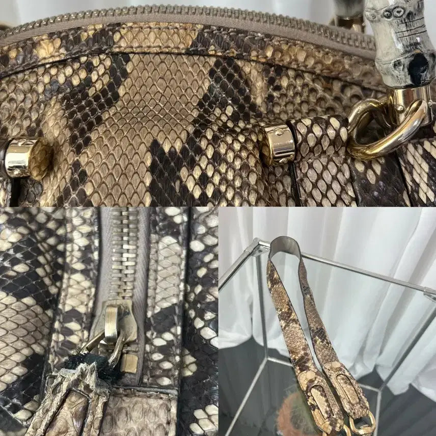 [BUNJANG] Gucci GG Beige Snakeskin Bamboo Handle Tote Bag / 구찌 GG 베이지 스네이크스킨 뱀부 핸들 토트백