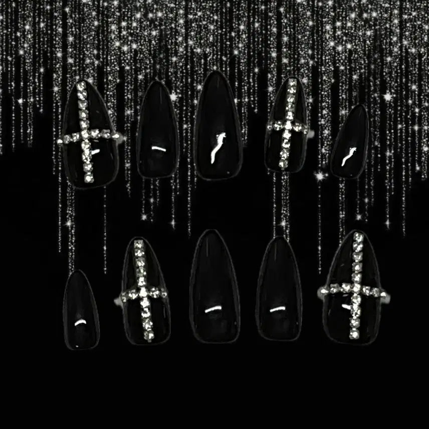 [BUNJANG] Black Cross Stone Nail Tip Set / 블랙 십자가 스톤 수제네일팁
