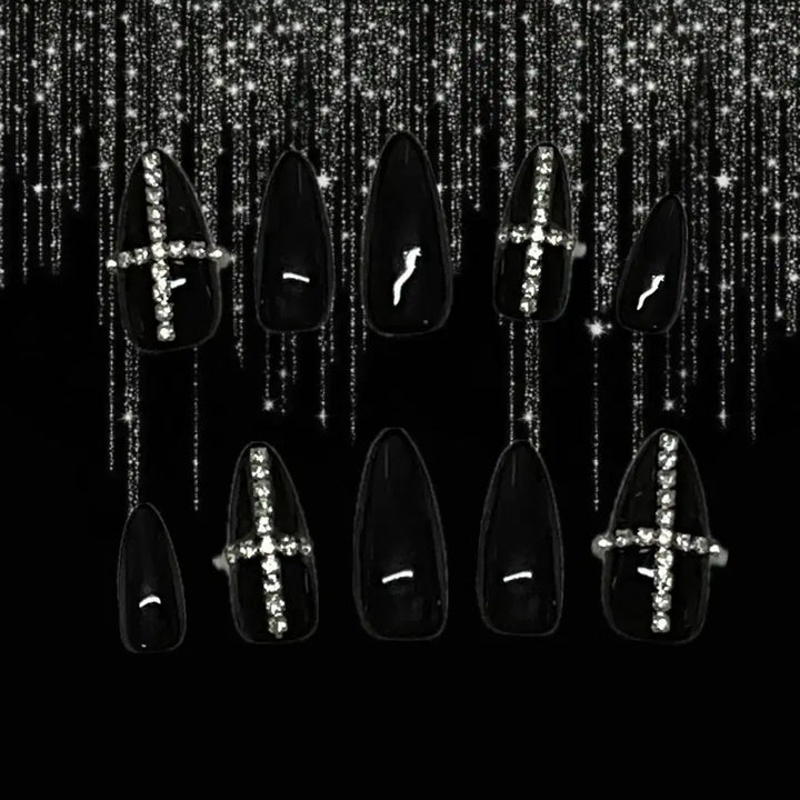 [BUNJANG] Black Cross Stone Nail Tip Set / 블랙 십자가 스톤 수제네일팁