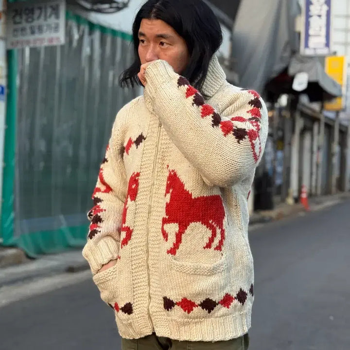[BUNJANG] Vintage Horse Pattern Cowichan Sweater (Lightning Zipper) / (60s 라이트닝 지퍼) 빈티지 홀스 패턴 코위찬 스웨터 105-107