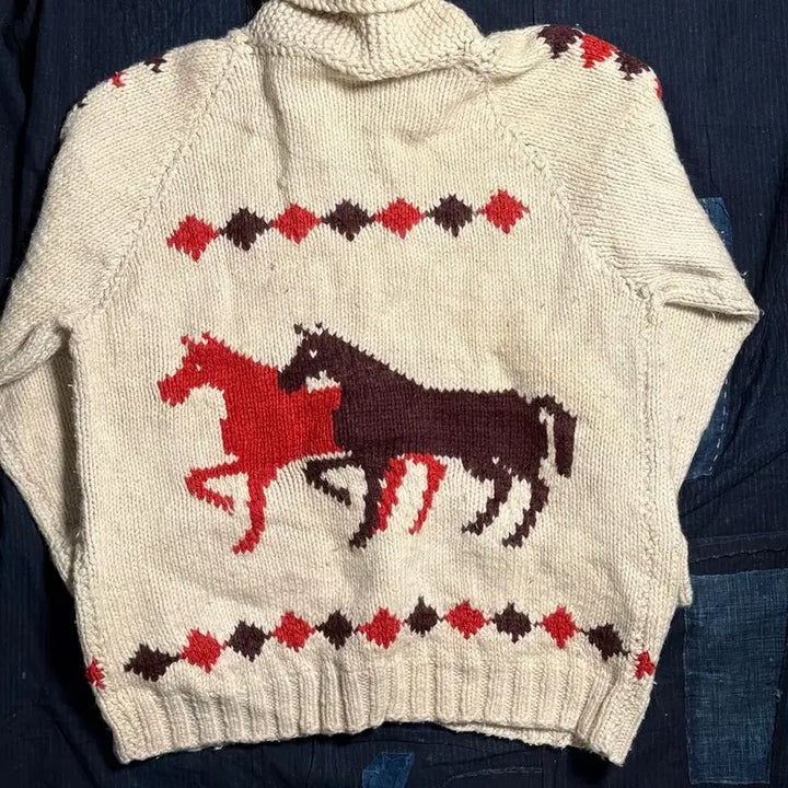 [BUNJANG] Vintage Horse Pattern Cowichan Sweater (Lightning Zipper) / (60s 라이트닝 지퍼) 빈티지 홀스 패턴 코위찬 스웨터 105-107