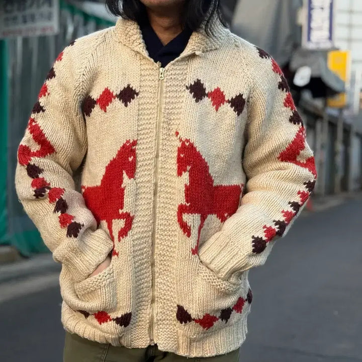 [BUNJANG] Vintage Horse Pattern Cowichan Sweater (Lightning Zipper) / (60s 라이트닝 지퍼) 빈티지 홀스 패턴 코위찬 스웨터 105-107
