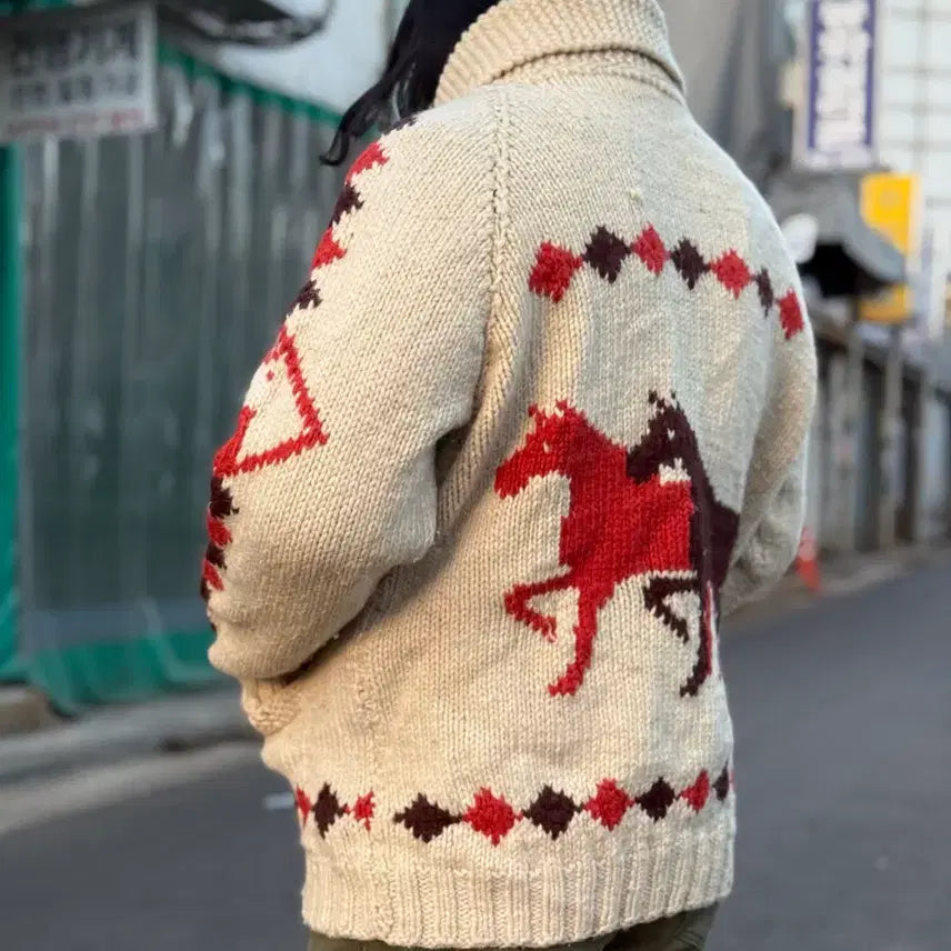 [BUNJANG] Vintage Horse Pattern Cowichan Sweater (Lightning Zipper) / (60s 라이트닝 지퍼) 빈티지 홀스 패턴 코위찬 스웨터 105-107