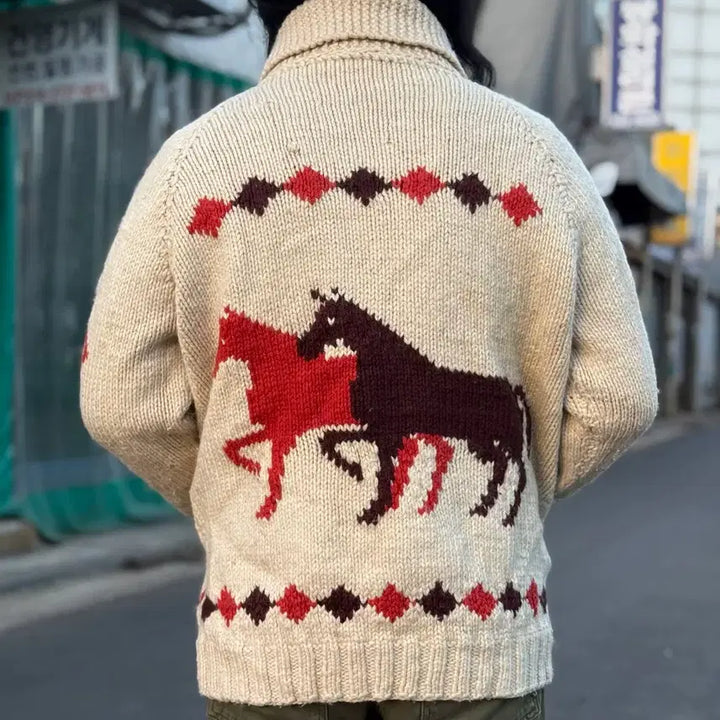 [BUNJANG] Vintage Horse Pattern Cowichan Sweater (Lightning Zipper) / (60s 라이트닝 지퍼) 빈티지 홀스 패턴 코위찬 스웨터 105-107