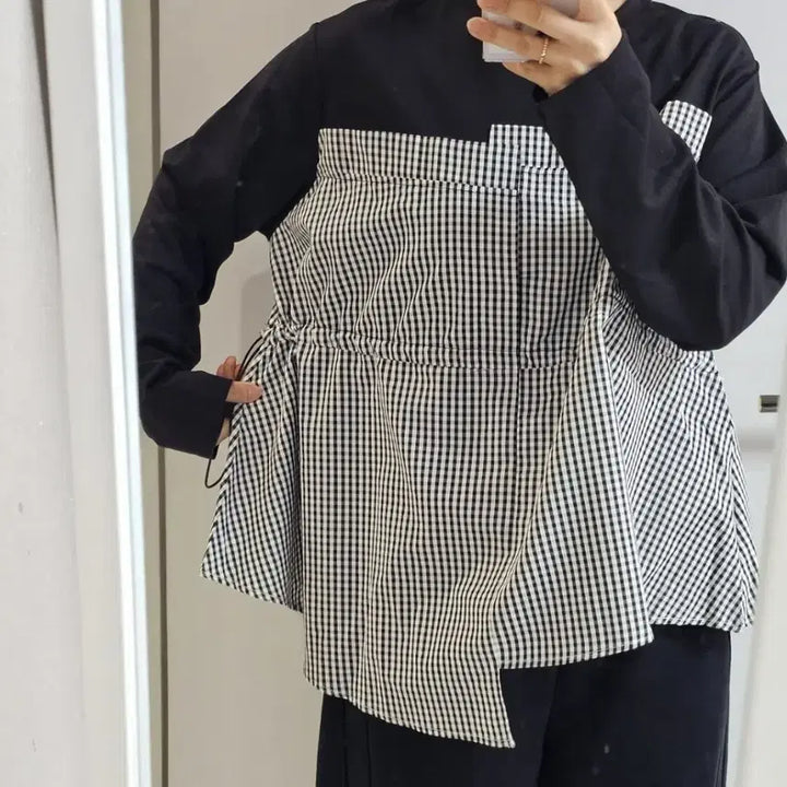 [BUNJANG] 체크 스트링 블라우스 티셔츠 / 체크 스트링 블라우스 티셔츠