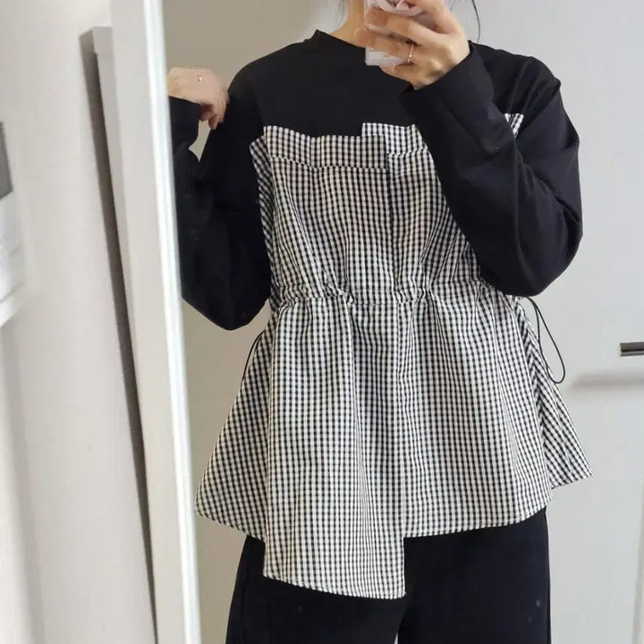 [BUNJANG] 체크 스트링 블라우스 티셔츠 / 체크 스트링 블라우스 티셔츠
