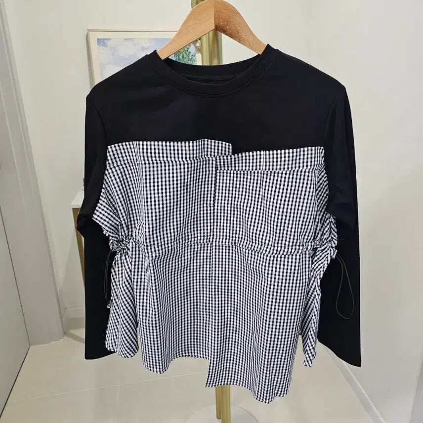 [BUNJANG] 체크 스트링 블라우스 티셔츠 / 체크 스트링 블라우스 티셔츠