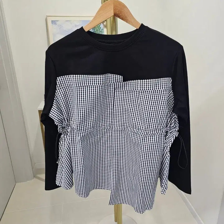 [BUNJANG] 체크 스트링 블라우스 티셔츠 / 체크 스트링 블라우스 티셔츠