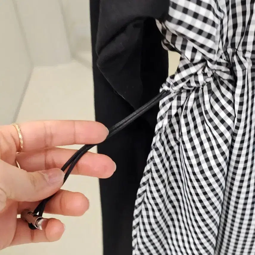 [BUNJANG] 체크 스트링 블라우스 티셔츠 / 체크 스트링 블라우스 티셔츠