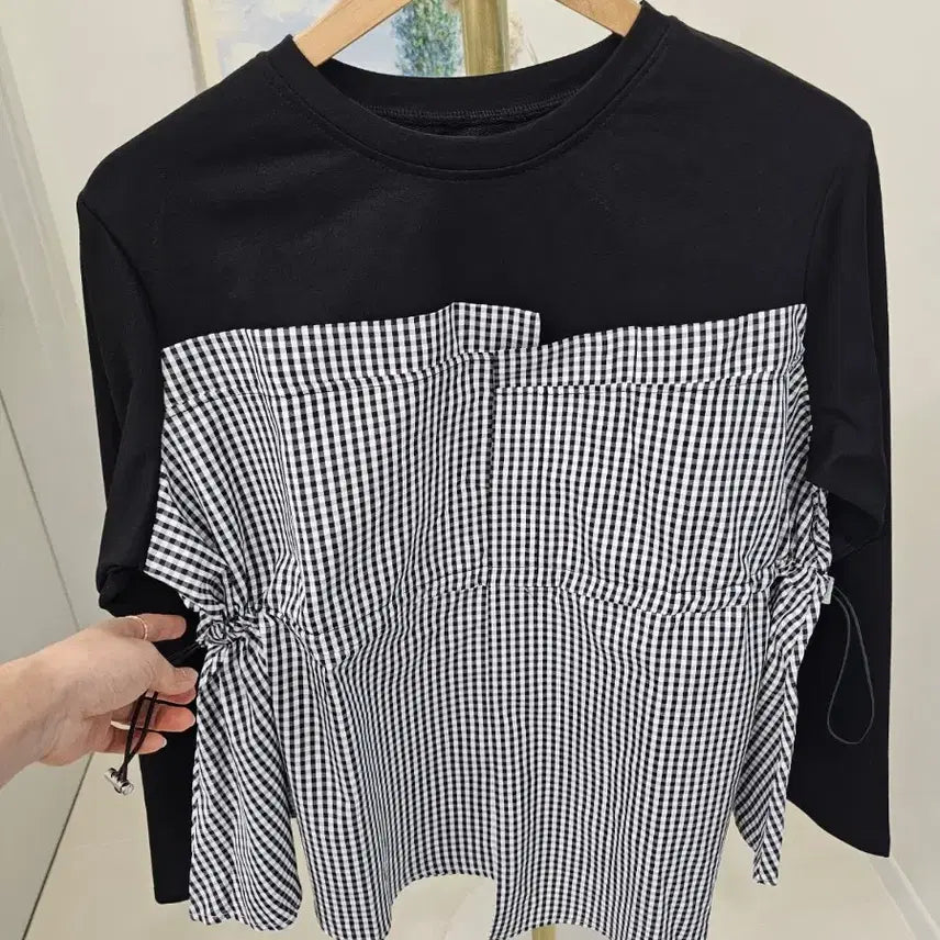 [BUNJANG] 체크 스트링 블라우스 티셔츠 / 체크 스트링 블라우스 티셔츠