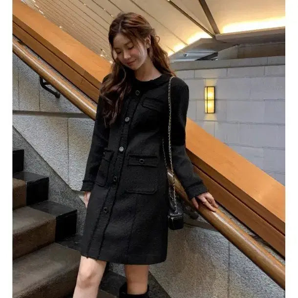 [BUNJANG] Attrangs Le Blanc Tweed Black Dress M / (새상품) 아뜨랑스 르블랑 트위드 블랙 원피스 하객룩 M 사이즈