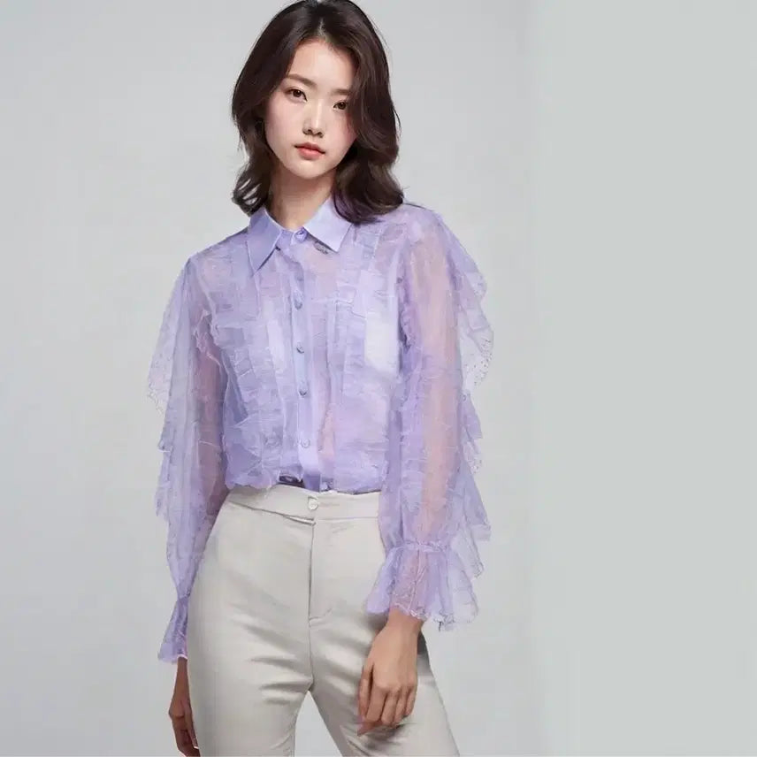 [BUNJANG] Dew E Dew E Lavender Ruffle Blouse / 듀이듀이 시스루 러플 블라우스