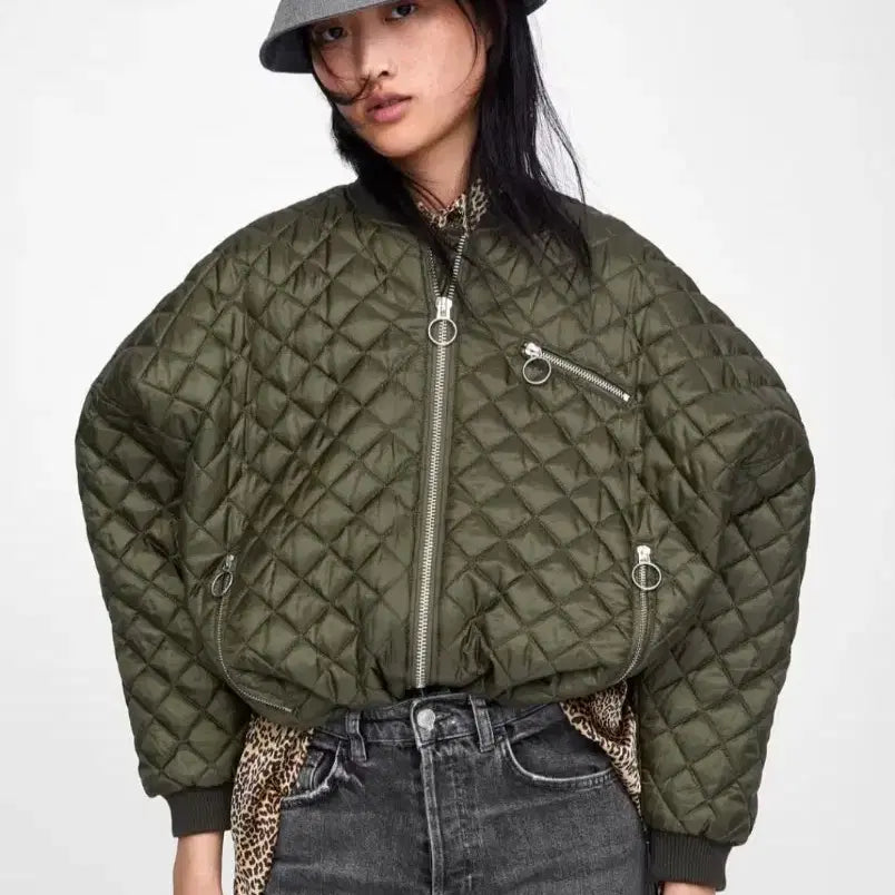 [BUNJANG] ZARA TRF Quilted Bomber Jacket (Khaki) - S/M / (단종레어)자라 TRF 카키 퀼팅 봄버 자켓 오버핏 간절기 아우터 S~M