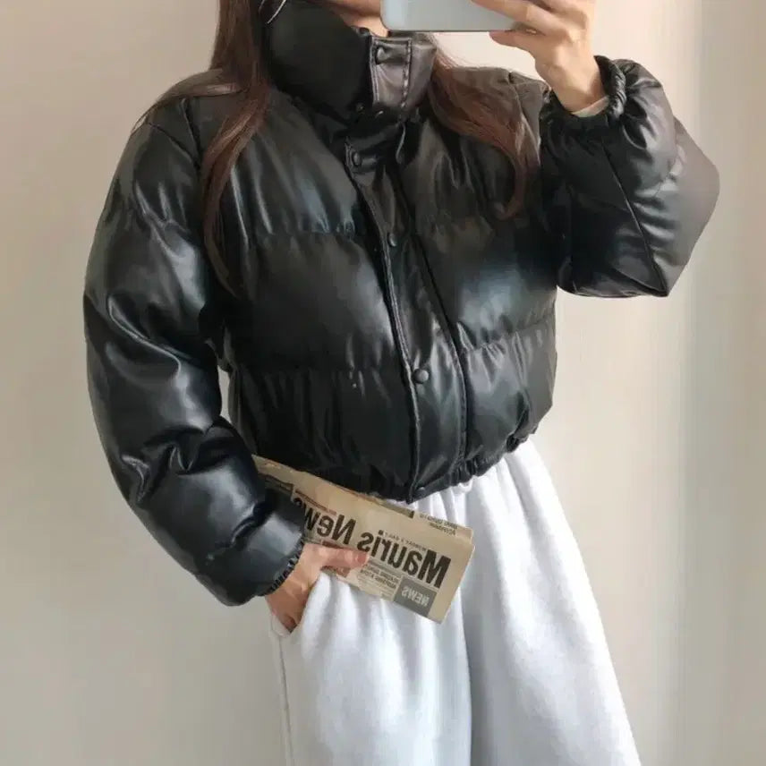 [BUNJANG] Black Leather Crop Short Padded Jacket / 블랙 레더 크롭 숏패딩 블랙