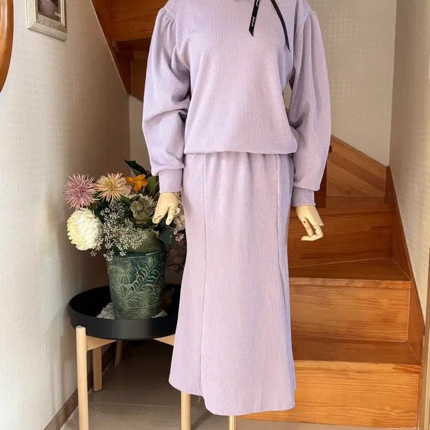 [BUNJANG] Lavender Knit Two-Piece Set / 라벤더 골지 니트 투피스 세트