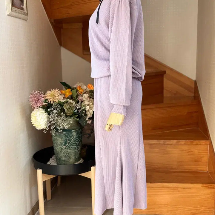 [BUNJANG] Lavender Knit Two-Piece Set / 라벤더 골지 니트 투피스 세트
