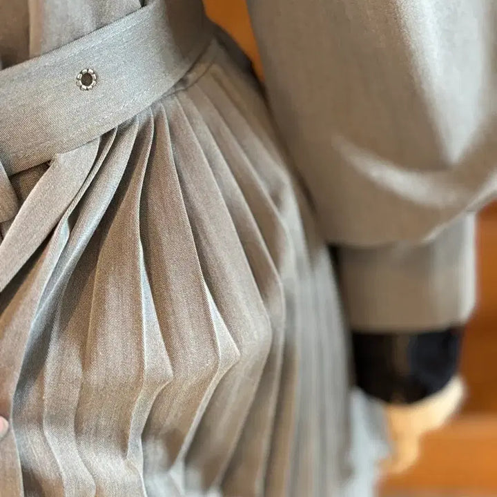 [BUNJANG] Pleats Belt Long Coat Gray / 플리츠 벨트 롱 코트 그레이