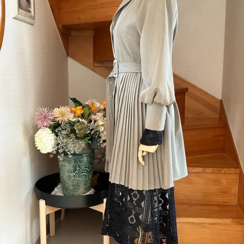 [BUNJANG] Pleats Belt Long Coat Gray / 플리츠 벨트 롱 코트 그레이