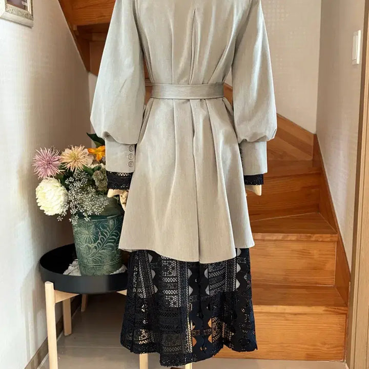 [BUNJANG] Pleats Belt Long Coat Gray / 플리츠 벨트 롱 코트 그레이