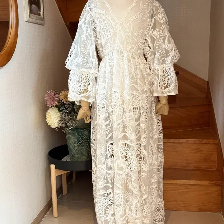 [BUNJANG] White Lace Long Dress / 레이스 롱 원피스 화이트 프릴 퍼프소매