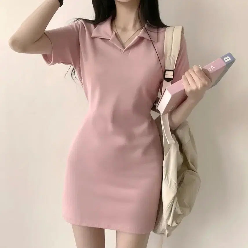 [BUNJANG] Mini Dress - Pink - FREE Size / 허리잘록 뒷리본 카라 반팔 미니원피스