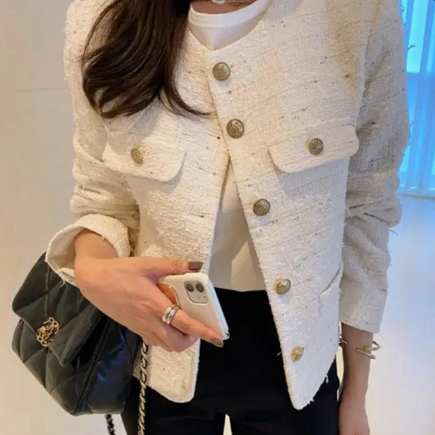 [BUNJANG] Tweed Jacket Ivory / 금장 노카라 트위드 자켓