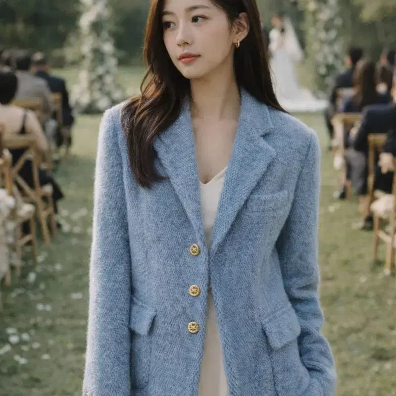 [BUNJANG] WE ARE Blue Quilted Jacket / 봄 블루 누빔 패딩안감 자켓 실버버튼 클래식 자켓 44~66