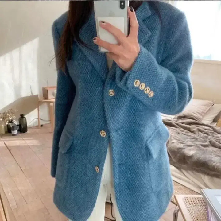 [BUNJANG] WE ARE Blue Quilted Jacket / 봄 블루 누빔 패딩안감 자켓 실버버튼 클래식 자켓 44~66