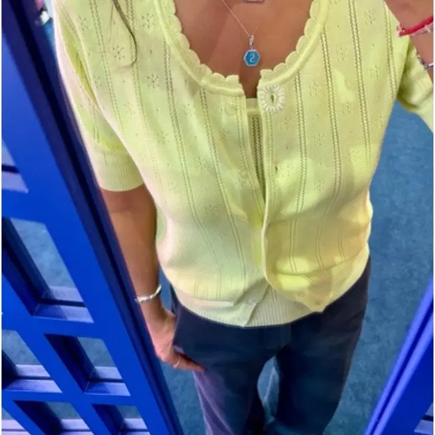 [SOLD OUT] JOLIECOMMEVOUS 라임 니트 가디건+탑 세트 (프리)