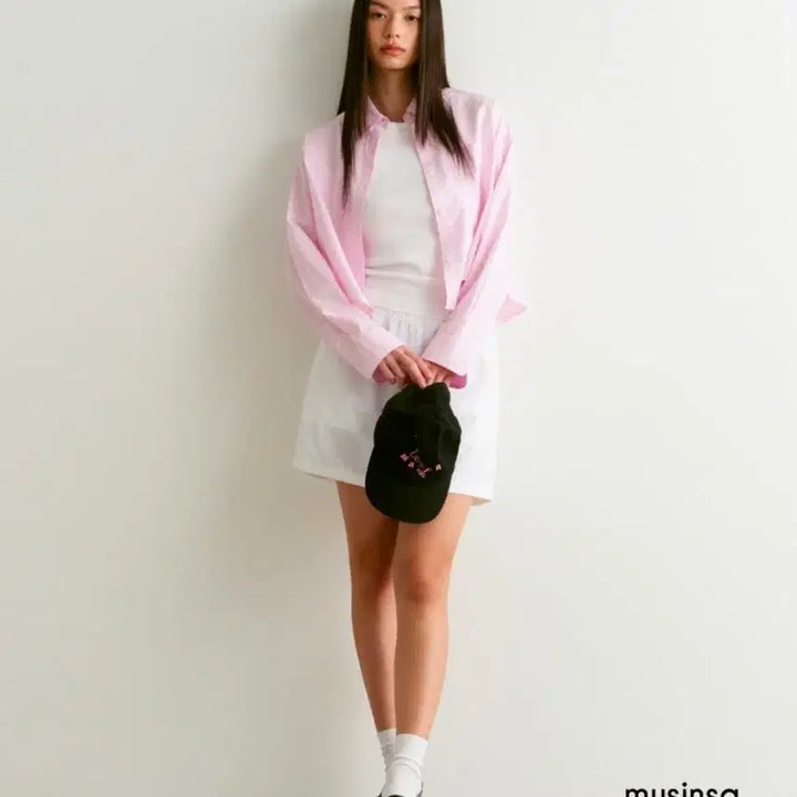 [SOLD OUT] [새상품] 무신사 우먼즈 스트라이프 오버사이즈 크롭 포플린 셔츠 [핑크]