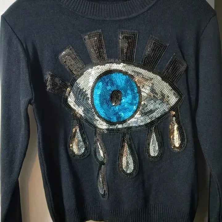 [BUNJANG] The Third Eye Sequin Black Sweatshirt / 눈 스팽글 블랙 맨투맨 비스코사 니트 스웨터