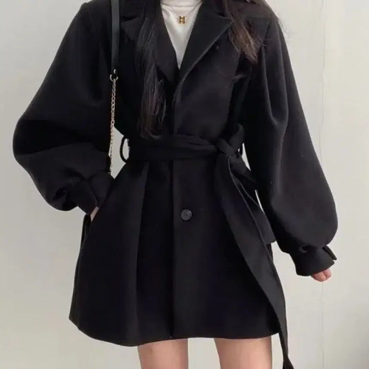 [BUNJANG] Black Half Coat / 블랙 허리스트랩 하프코트