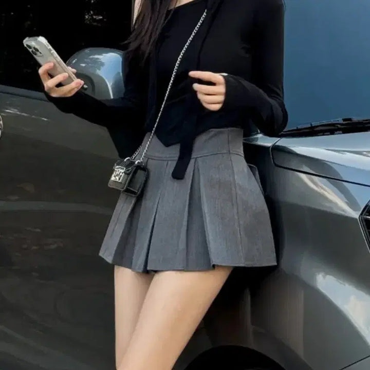[BUNJANG] High-Waist Pleated Skirt (M, Gray) / 하이웨스트 반 플리츠 치마 스커트 (속바지O) 에이블리