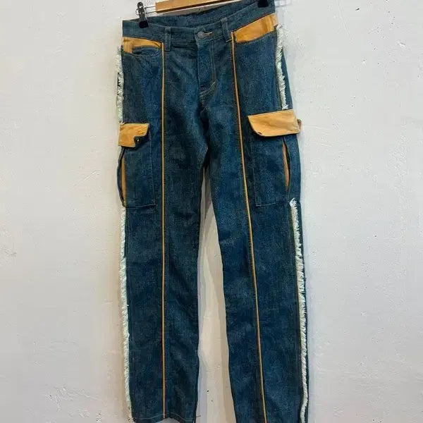 [BUNJANG] Blue Made Vintage Leather Fringe Denim Pants / 일본빈티지 Blue made 레더트리밍 프린지 데님팬츠