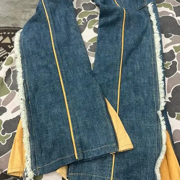 [BUNJANG] Blue Made Vintage Leather Fringe Denim Pants / 일본빈티지 Blue made 레더트리밍 프린지 데님팬츠